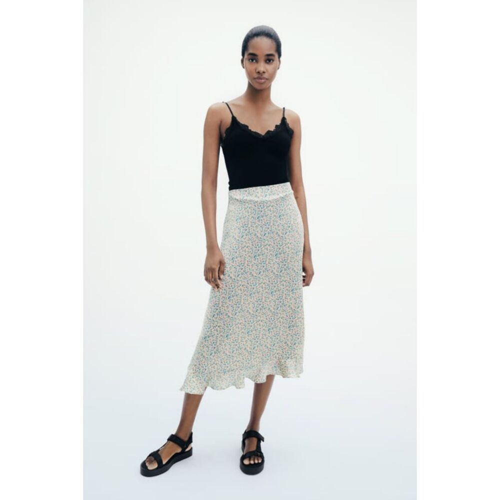 Zara Multicolored Floral Print Satin Midi Skirt EUC